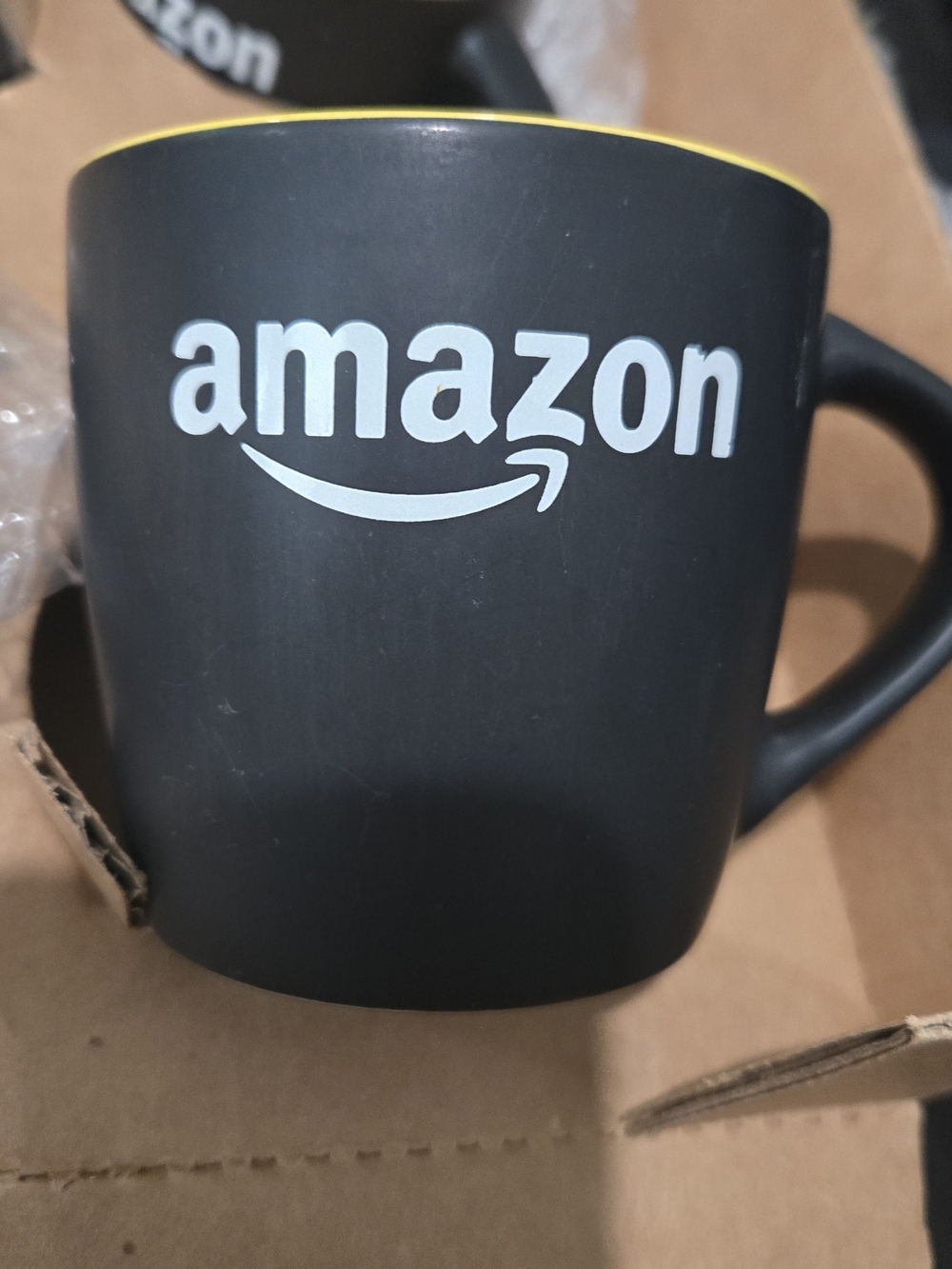 Lot Of 6 Amazon Smile Employee Black Ceramic Coffee Mug with Yellow Interior